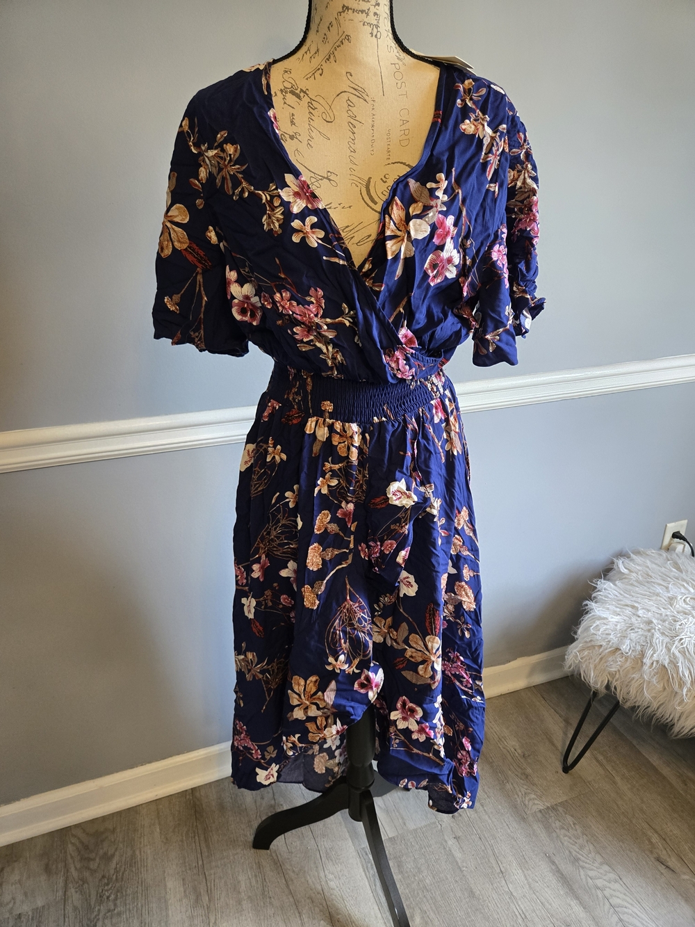 Navy Floral Wrap Midi Dress - Women's